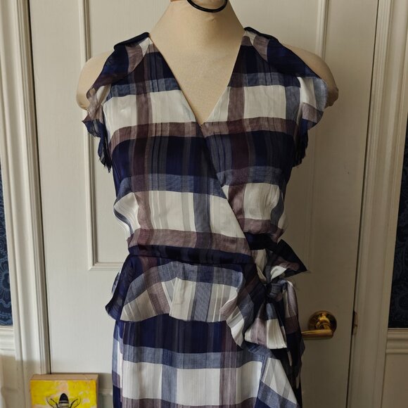 Flutter sleeve Banana Republic Wrap Dress sz 4 - plaid, tartan, wedding guest - Picture 2 of 14
